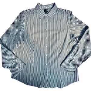 Talbots Button Up Shirt Women Sz 16 Long Sleeve Cotton Spandex Gray White Stripe